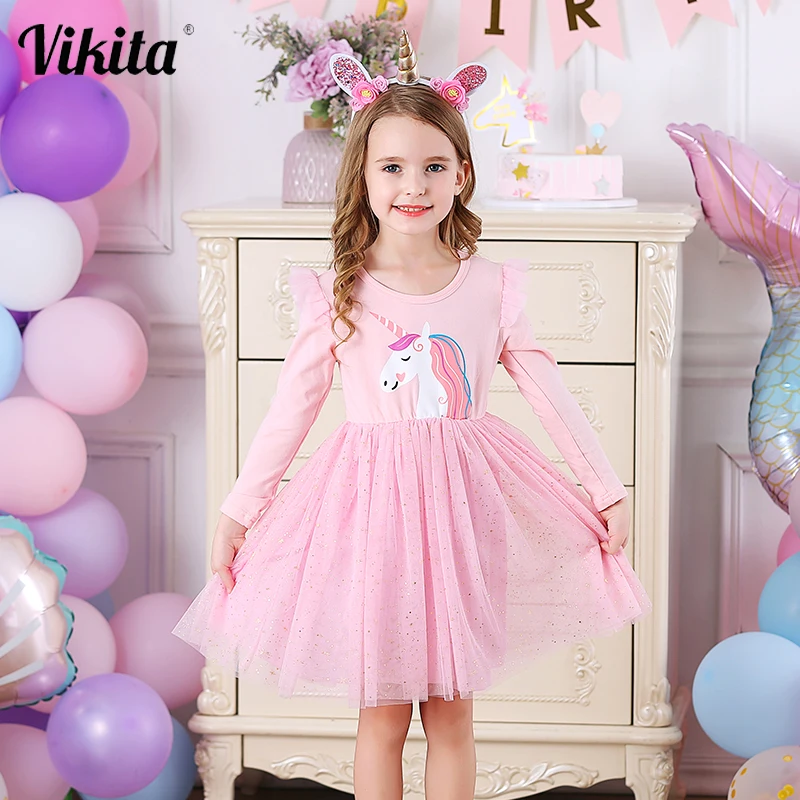 VIKITA Unicorn Dress for Girls Toddlers Birthday Party Princess Dresses Autumn Winter Vestidos Kids Unicornio Dresses for Girl