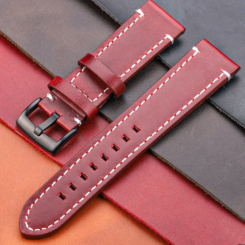 HENGRC Cowhide Strap 18mm 20mm 22mm 24mm Genuine Leather Watchband Manual Men Thick Brown Black Watch Band Belt Buckle