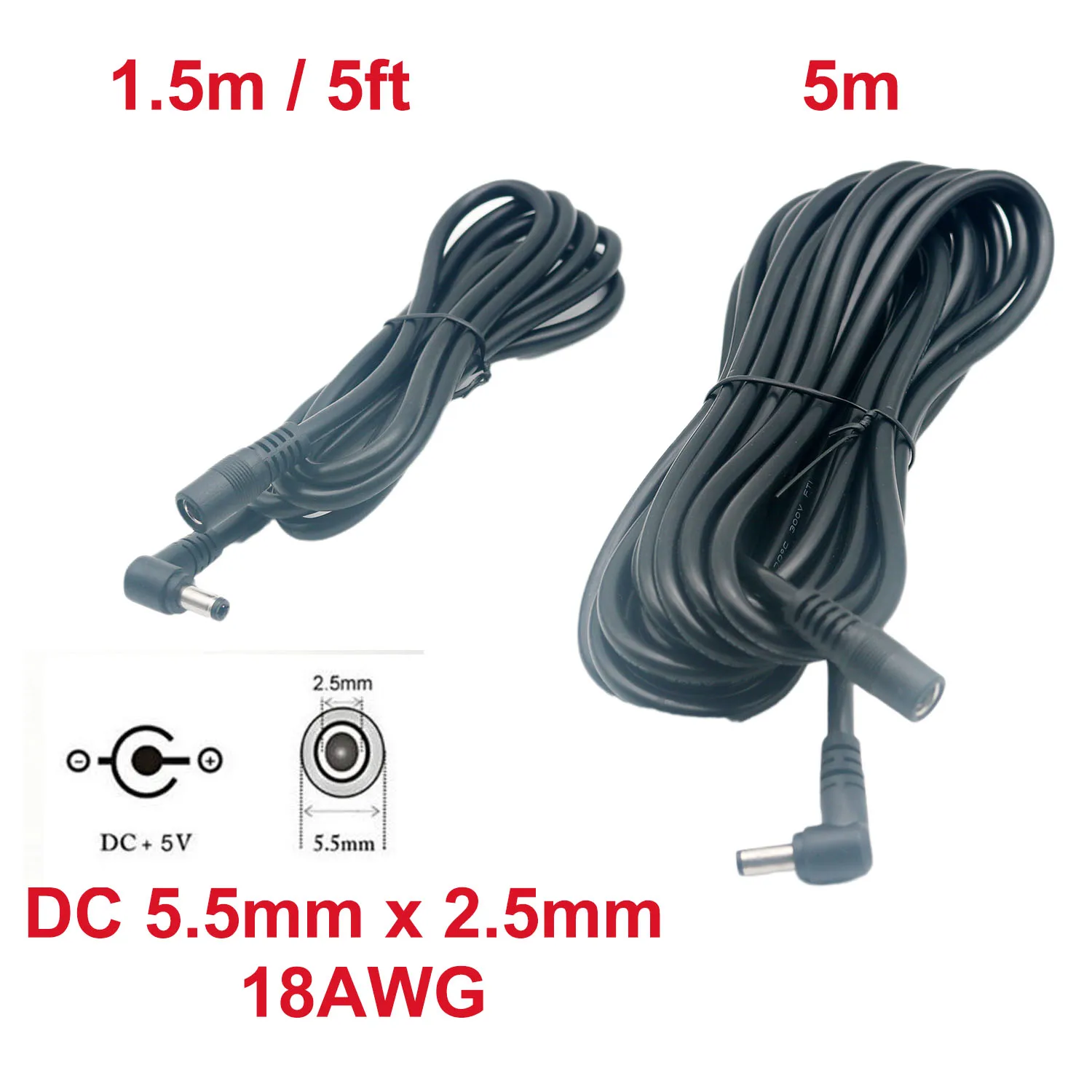 1 szt. Ładowarka DC 5,5 mm x 2,5 mm Przewód zasilający/kabel CCTV Przedłużacz 90 ° Kątowy męski na żeński 18AWG 1,5 m/5 stóp 5 m