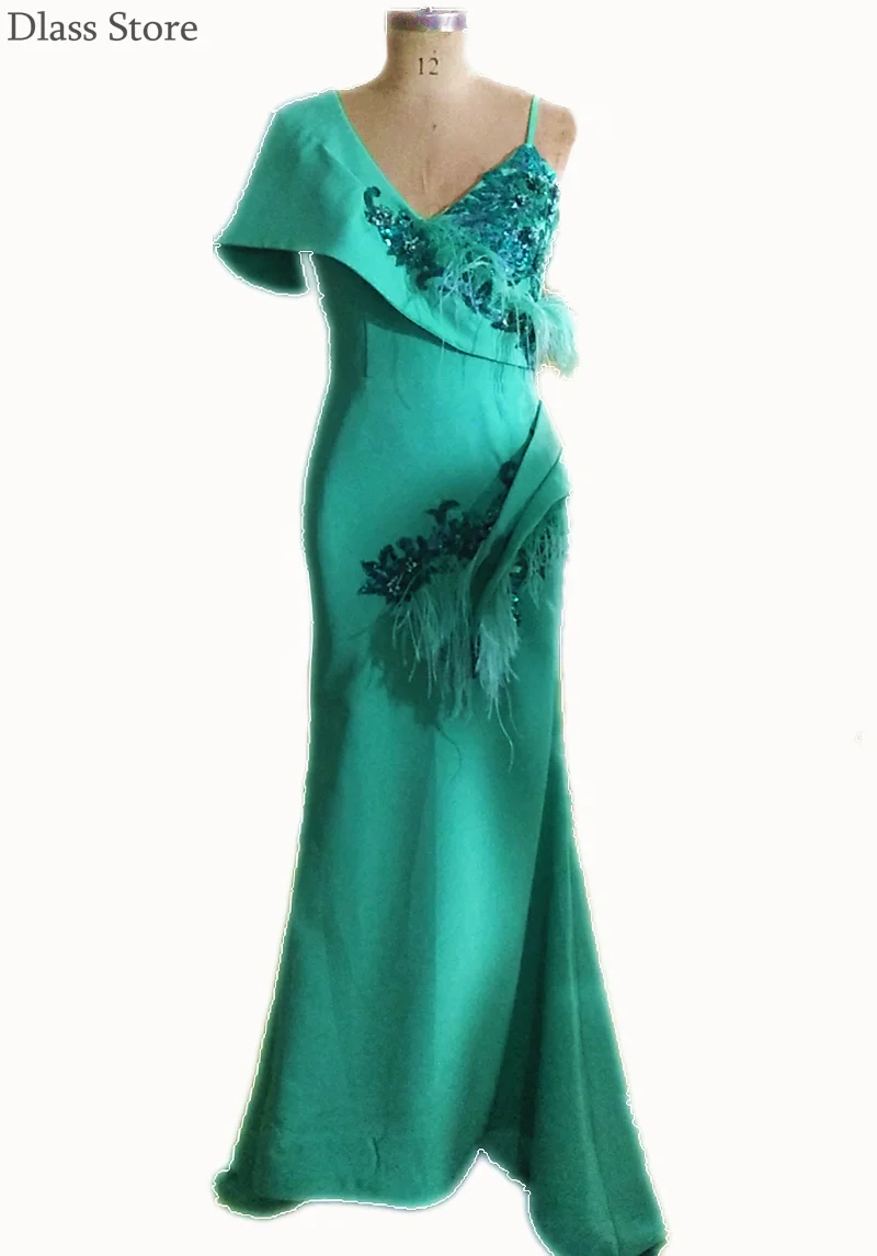 Turquoise Muslim Evening Dresses Mermaid V-neck Feather Crystals Islamic Dubai Saudi Arabic Sweep Train Prom Dress платье 2021