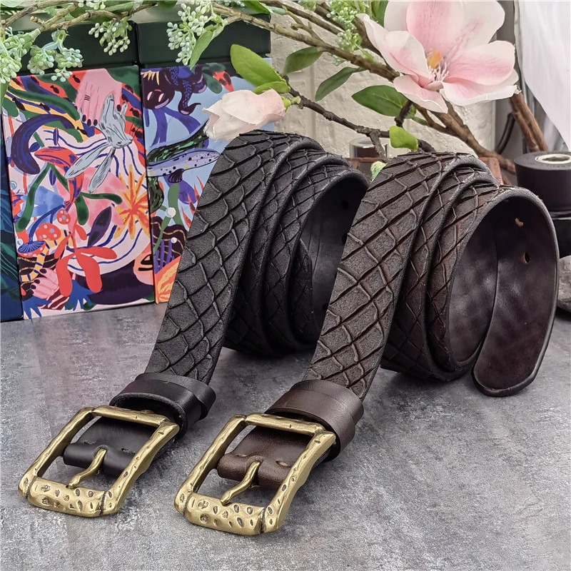 Hand Carving Luxury Double-Sided Use Leather Belt Men Ceinture Homme Thick Genuine Leather Belt Men Retro Brass Buckle MBT0606