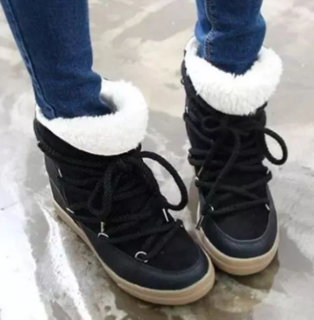 Warm Winter Wool Fur Lace Up Snow Boots Fashion Hight Increasing winter Boots Round toe Patchwork Ladies Short Fur Boots