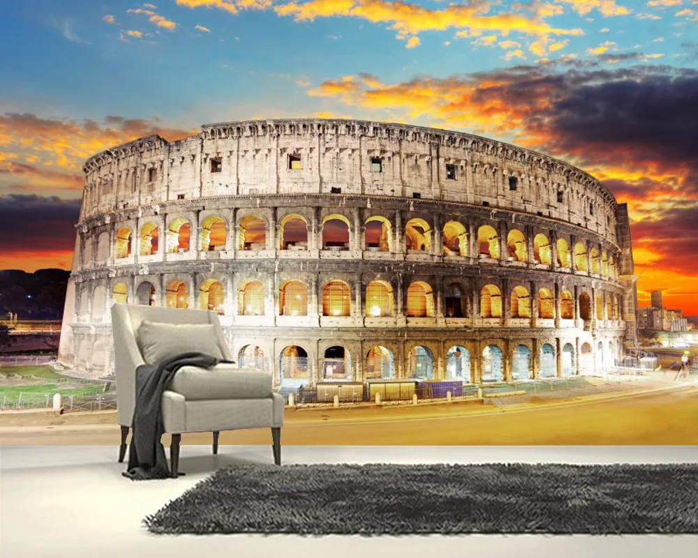 Papel de parede Roman Grand Colosseum at night Ancient Architecture 3d wallpaper,living room tv wall bedroom cafe bar mural