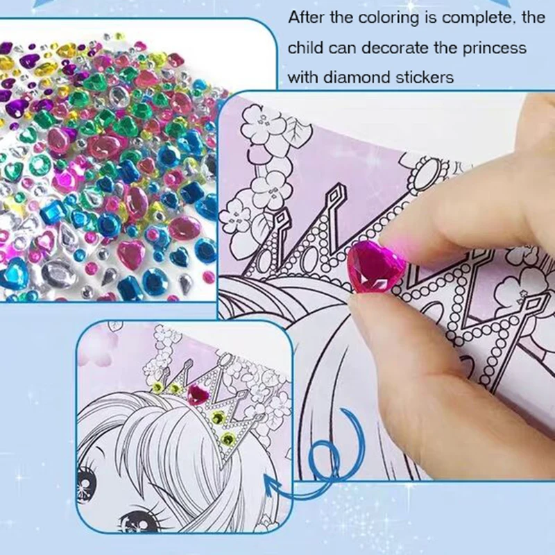 6 Books Diamond Princess Coloring Books & 540Pcs 3D Rhinestone Stickers Coloring Books for Girls/Kids/Children/Adults DIY Books