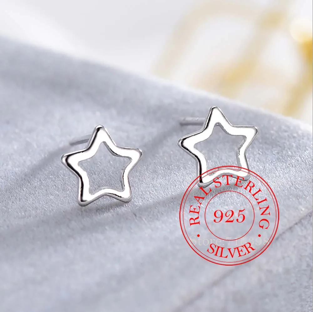 

100% 925, твердое настоящее серебро, серьги-гвоздики с полой звездой для женщин и девочек, свадебные украшения, Pendientes Brincos