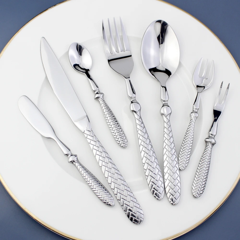 LUCF Royal Luxury Woven Pattern Handle Mirror Stainless Steel Dinnerware Elegant Cutlery Delicate Tableware For Kitchen Hotel