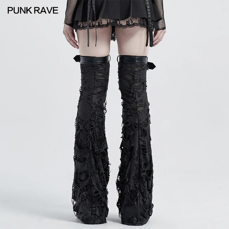 PUNK RAVE-Punk Shabby Leg Sleeve Hole Elastic Hem de malha feminino, aquecedores peludos quentes, acessórios de joelho, palavra-A, inverno