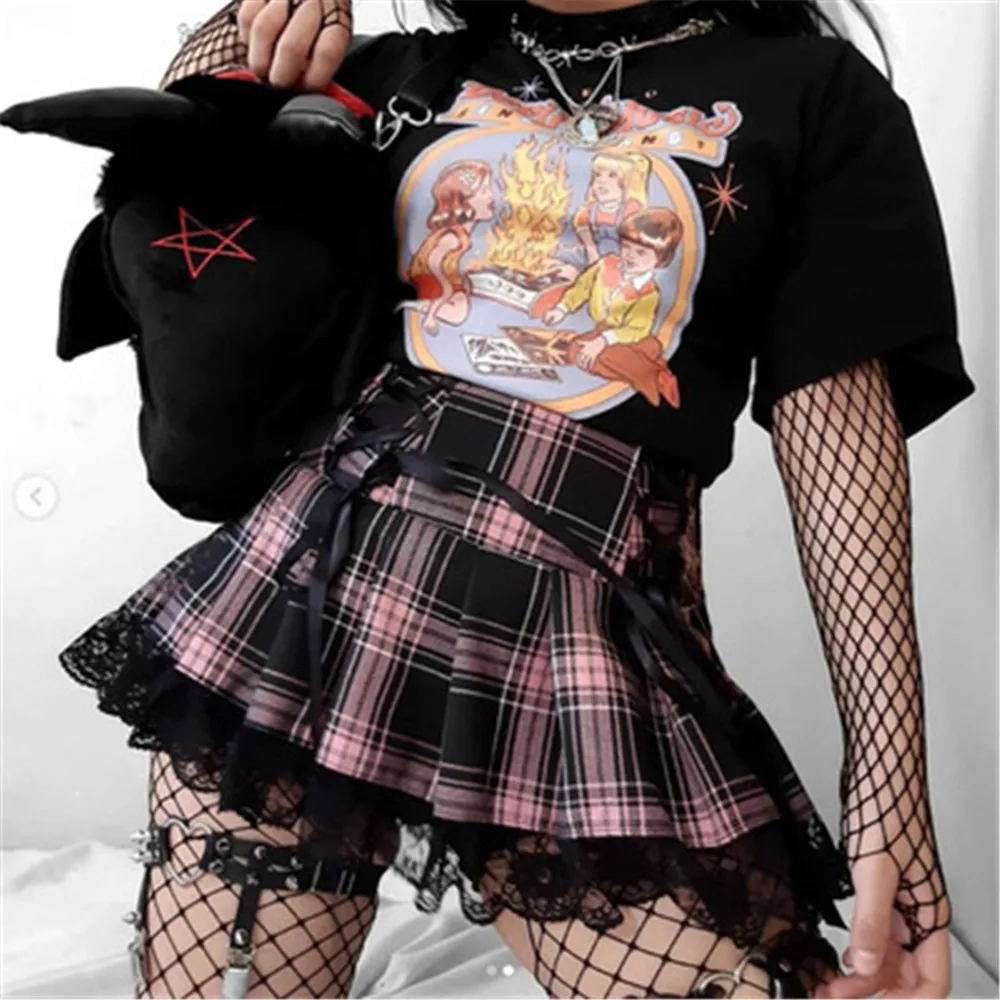 Mall Gothic Grunge Summer Mini Skirt Women Punk Y2K Vintage Lace Harajuku Streetwear High Waist Skirt Bandage Sexy Skirt