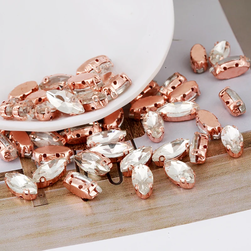 5x10/6x12/7x15mm Horse Eye Sew On  Glass Stone With Rose Gold Claw Flat back No Scratch Sewing Crystal Rhinestone For  Dresses