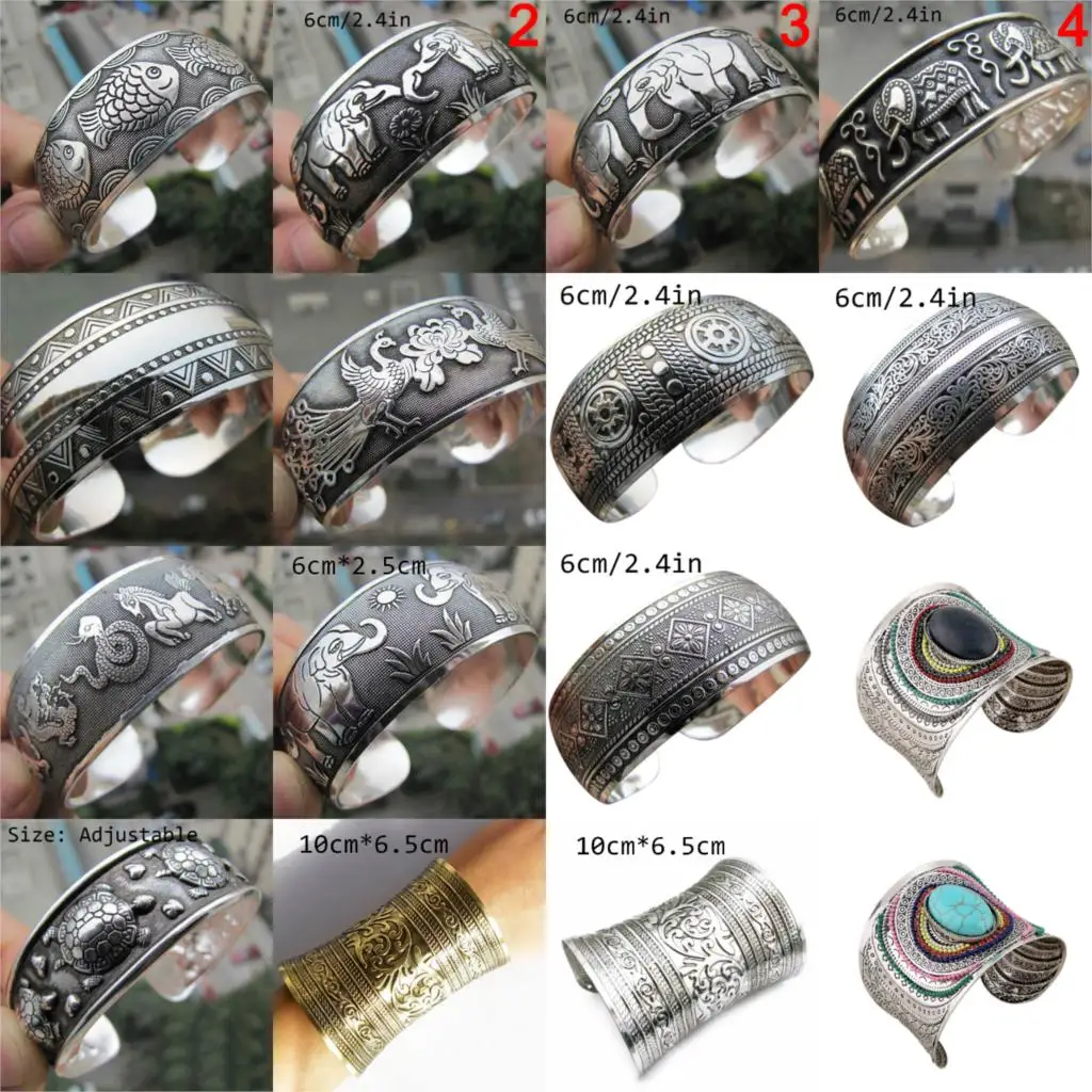 Vintage Gypsy Elephant Tortoise fish Flower Metal Tibetan Retro Fashion Cuff Bracelet Bangle For Her Christmas Gift
