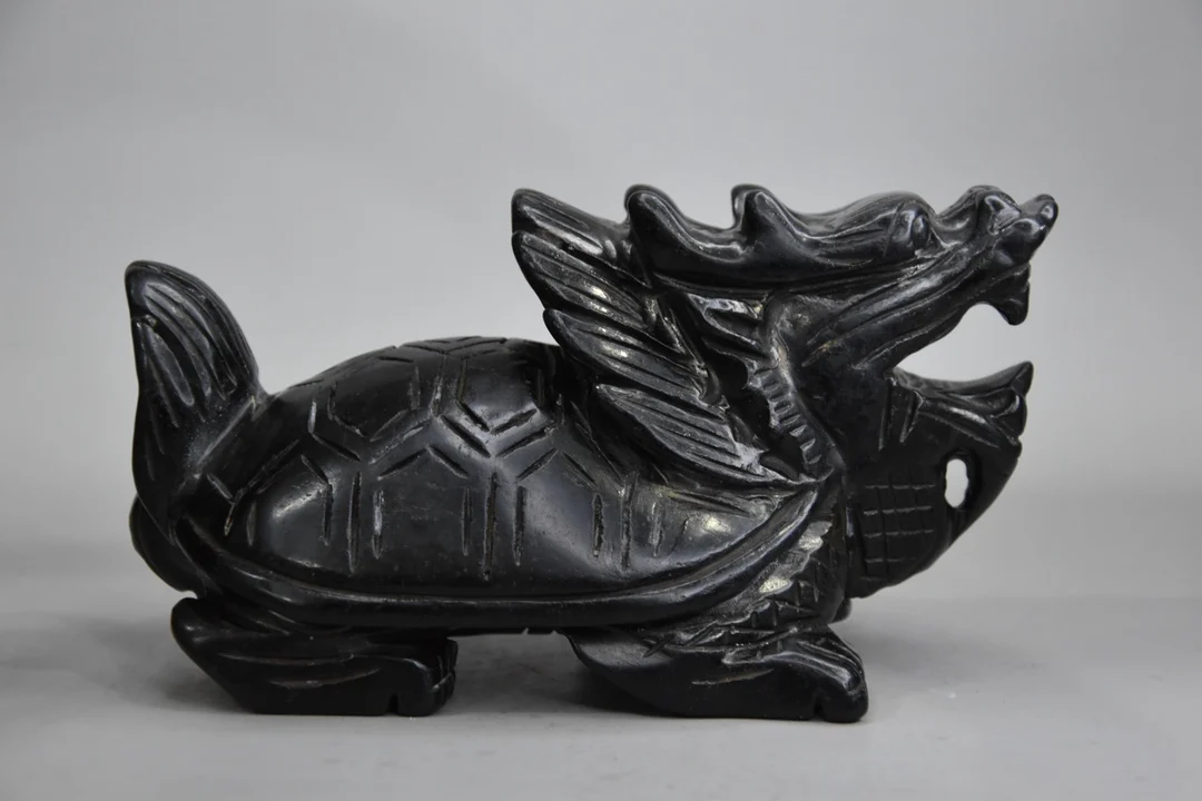 

Collections Chinese HongShan culture Meteorite jade Hand-carved Dragon turtle statue Black stone Sculpture Ornaments