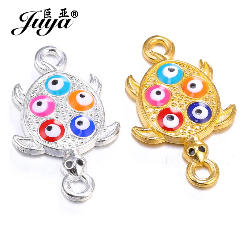 JUYA 10pcs/lot 33.5*20.2mm Alloy Turtle Shape 5 Evil Eye Charms Connector For Women Necklace Bracelet DIY Jewelry Making Finding