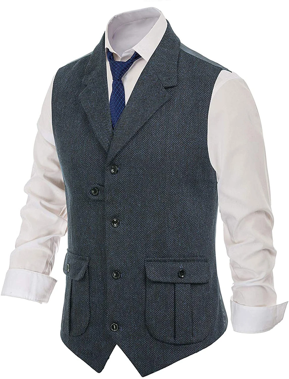 Men's Classic Fit Vest Navy Herringbone Suits Vest Notch Lapel Waistcoat Groomsmen For Wedding