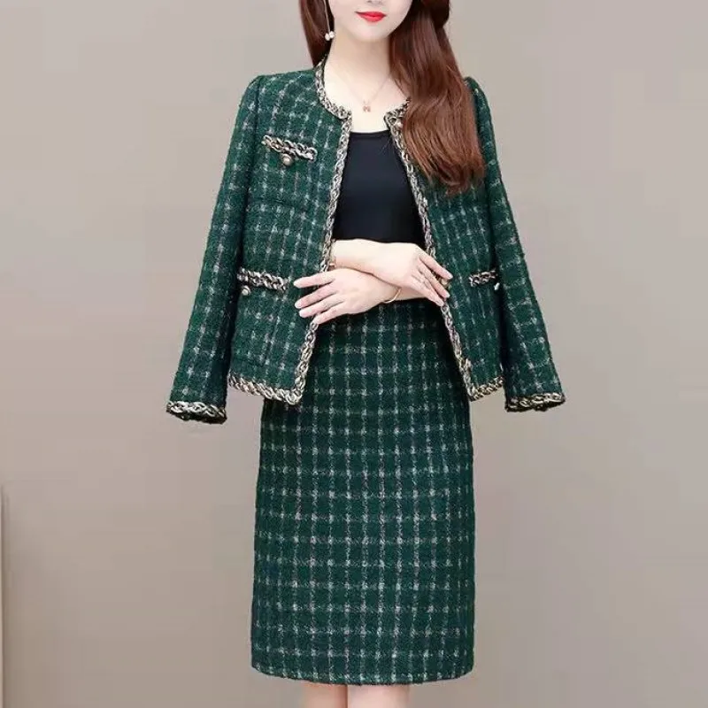 Woman Tweed Jacket and Skirt Outfit Suit Set O-neck Ins Elegant Fashion Office Lady Business Chic Formal Desinger Vintage