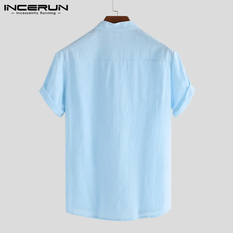 INCERUN Summer Casual Men Shirts Stand Collar Solid Cotton Blouse Short Sleeve Streetwear Brand Shirts Harajuku Camisas Hombre