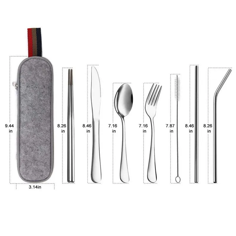 20Set/Lot Tableware Reusable Travel Cutlery Set Camp Utensils Set with stainless steel Spoon Fork Chopsticks Straw Portable Case