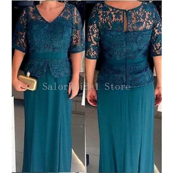 Grace Mother of The Bride Dresses V-neck Half Sleeve A-line Formal Evening Gowns Lace Floor-Length Mother Gowns for Weddings