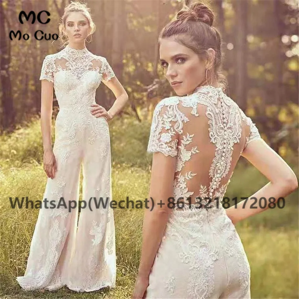 2023 Country Jumpsuit Wedding Dresses High Neck Lace Appliques Bridal Gowns Floor Length Hard Satin Boho vestido de