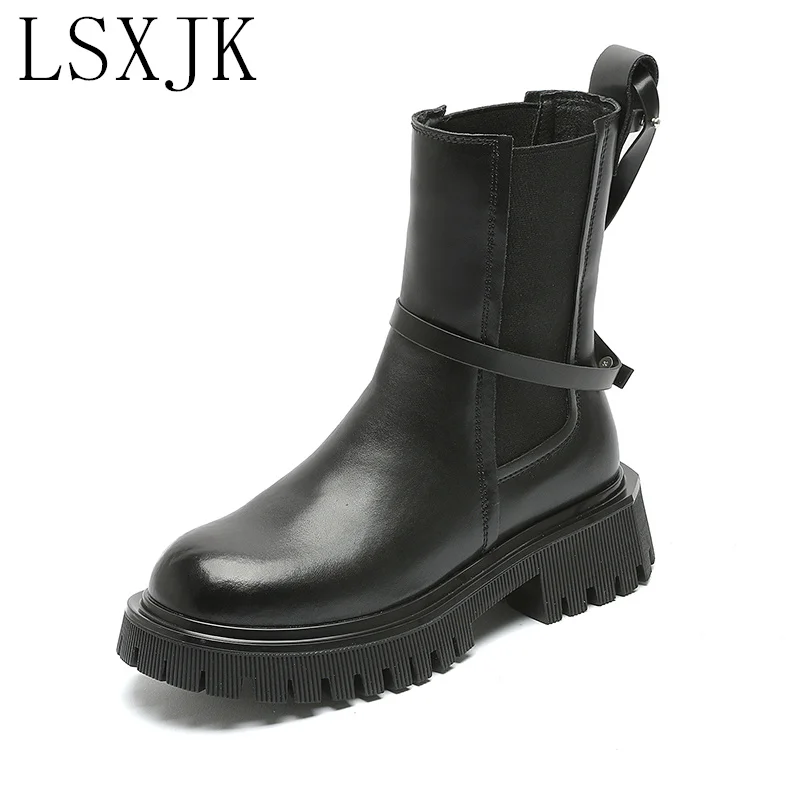 

LSXJK Leather Chelsea Boots Women's Winter New Thick-Soled High-Tube Casual Martin Boots Women's Foot All-Match Boots Woman