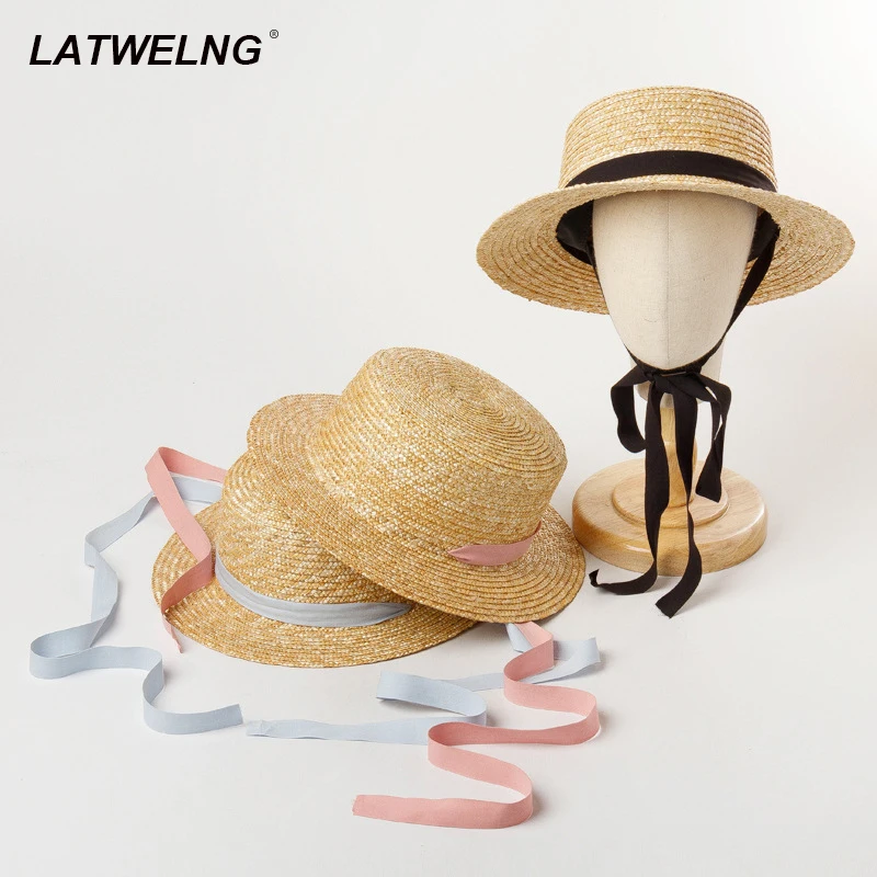 Wholesale Kids Straw Sun Hats With Bandage Women Girls Summer Beach Hats 52cm Head Children Flat Visor Caps