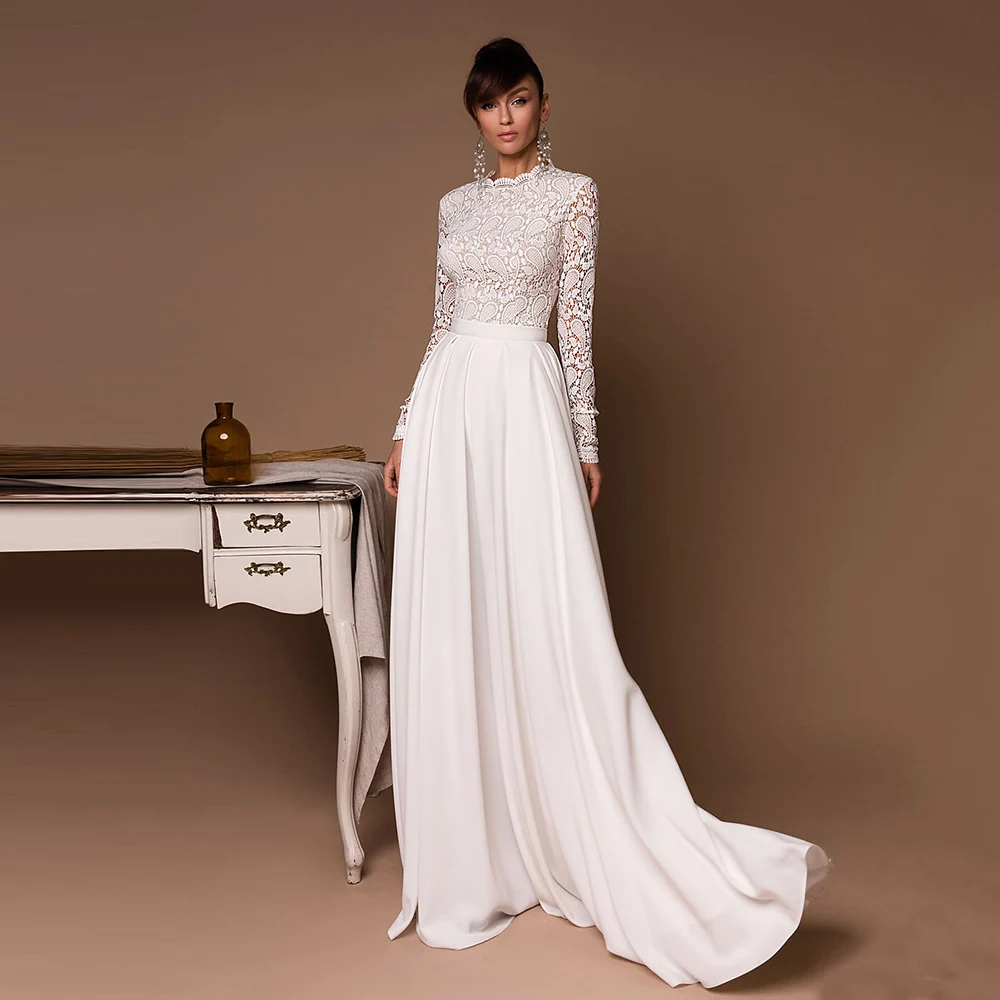 Einfache Böhmische Hochzeit Kleid Für Braut Sweep Zug Vintage Weiß Spitze Lange Hülse Strand Bürger Brautkleid 2021 Свадебное платье