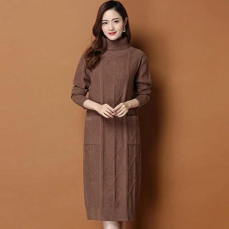 Long Sweater Dress Fashion Women Knitted Dresses Elegant Women Turtleneck Sweaters Dress Knitting Pullover Winter Women Dresses