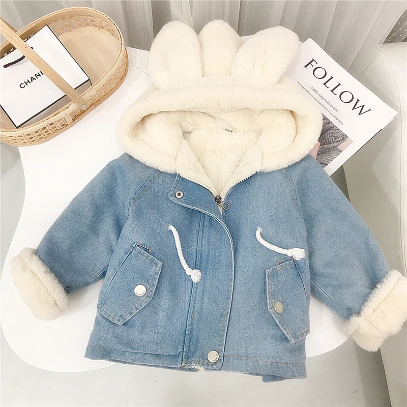 Autumn Winter Thick Warm Kid Denim Coat Baby Girls Cute Rabbit Ears Hooded Velvet Fur Jackets Outerwear Children Overcoat 2-6Y