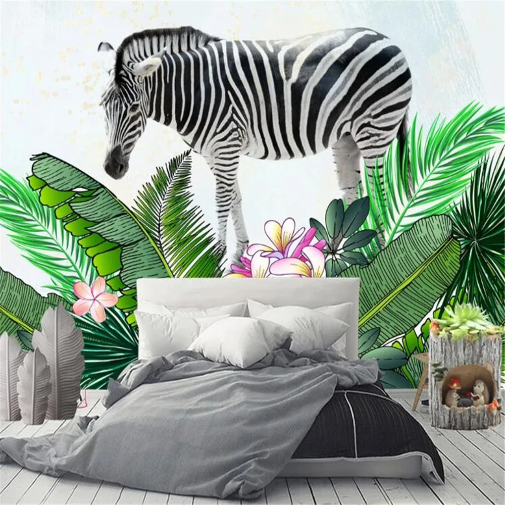 Milofi Customized 3D personality wallpaper hand-painted zebra tropical plants Nordic background wall decoration painting