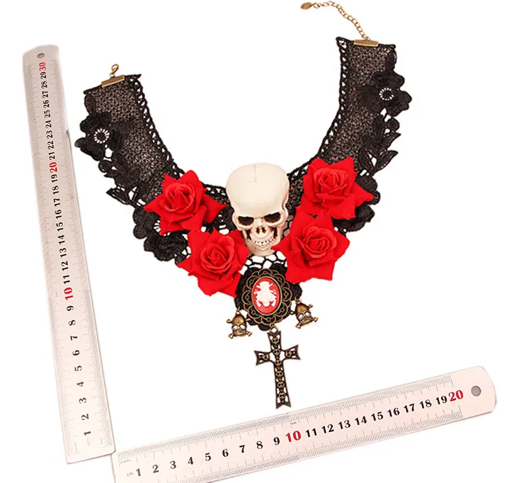Gothic Colliers Schwarz Perlen Blumen Sexy Spitze Halsband Halskette Vintage Quaste Kette Frauen Steampunk Halloween Schmuck – Detail 2