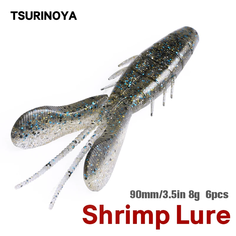 TSURINOYA Shrimp Soft Fishing Lure 90mm 8g 6pcs CRAYFISH Artificial Bass Soft Bait Silicone Lure Rig Fishing Tackle Add Shrimp