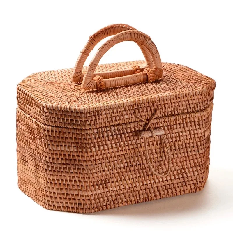 Vietnam Rattan Weave Octagon Portable tea tin Pu'er tea box with lid Handicraft gift jewelry sundries storage makeup organizer