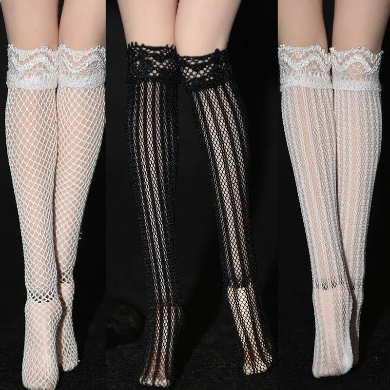 Customized 1/6 Female Mesh Lace Long Stockings Calf Socks Clothes Accessories Fit 12'' Soldier Action Figure Body Dolls