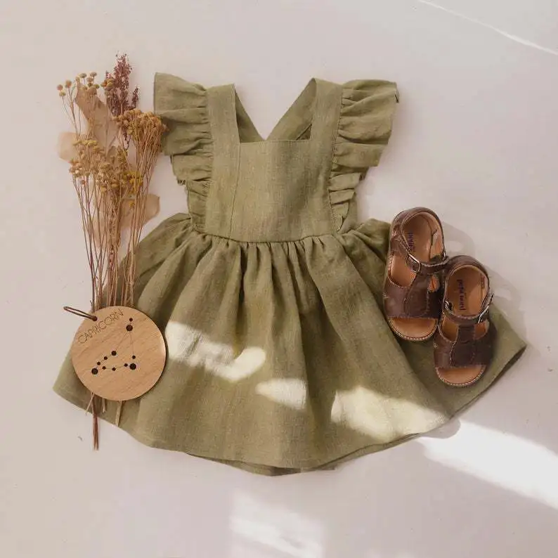 New Baby Girls Dress Summer Suspender Skirt Sleeveless Overalls Cotton Linen Color Ruffles Lace Kids Beach Dress Bohemian Style