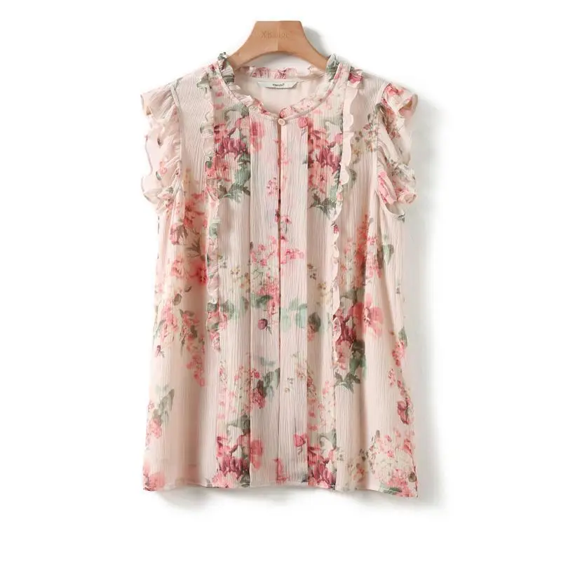 Women's Spring Summer Chiffon Blouses Shirt Women's Printed Sleeveless Button Ruffles Elegant Casual Tops