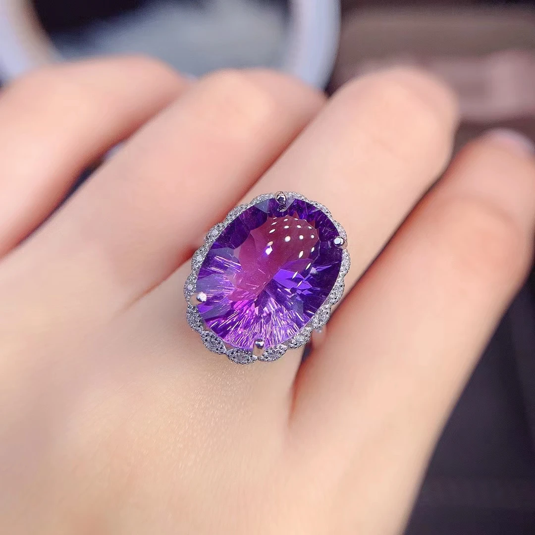 2022 Big Size  Natural Amethyst Ring Real 925 Silver Women's Ring Good Process Simple Atmosphere 12*16mm