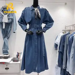 ROENICK Women Casual Solid Cowboy Trench Coats Fashion Sashes Office Lady Outwear Chic Designer Long A-Line Autumn Denim Outcoat