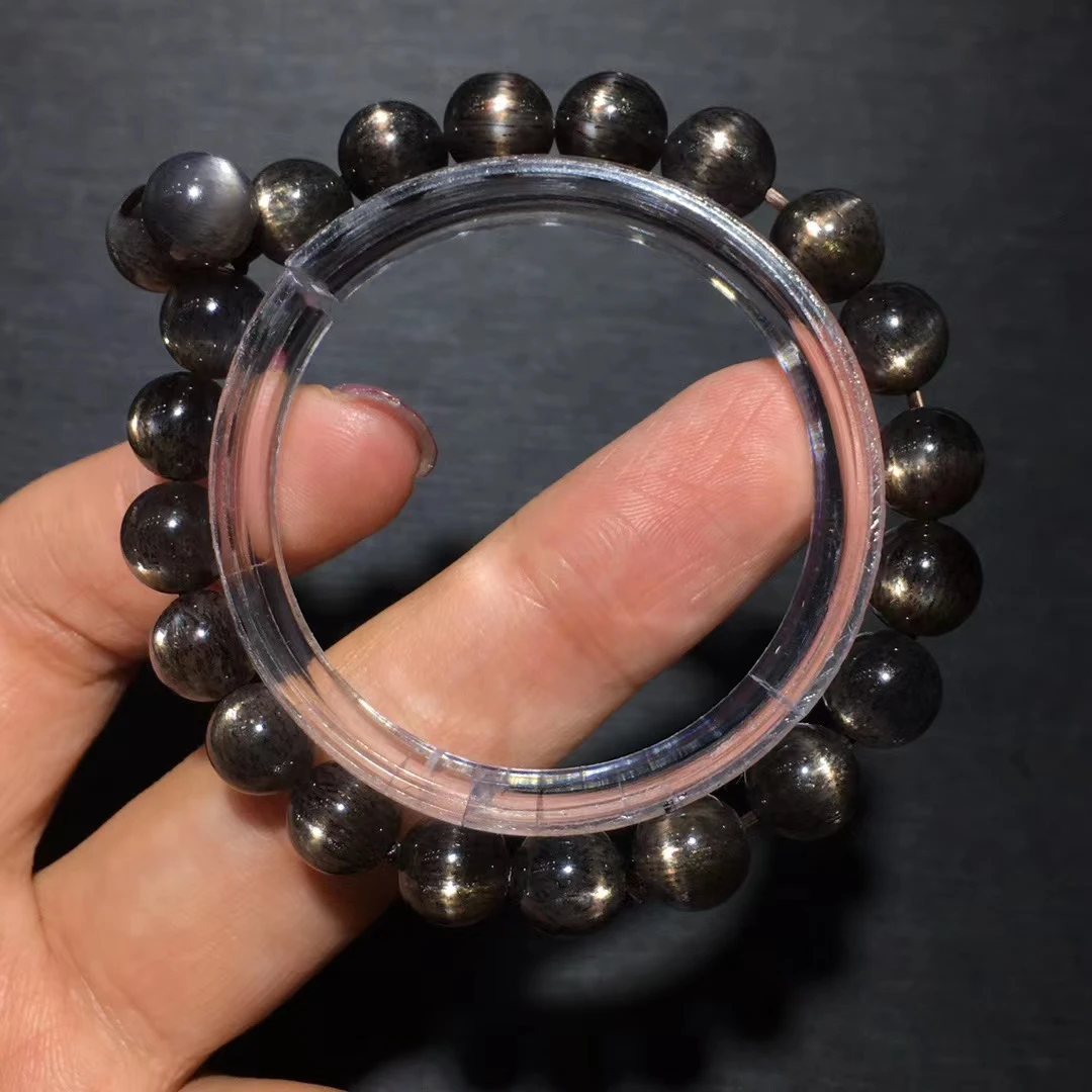 

Genuine Natural Black Sunstone Quartz Moonstone Bracelet Clear Round Beads 8.5mm Cat Eye Women Fashion Stone AAAAA