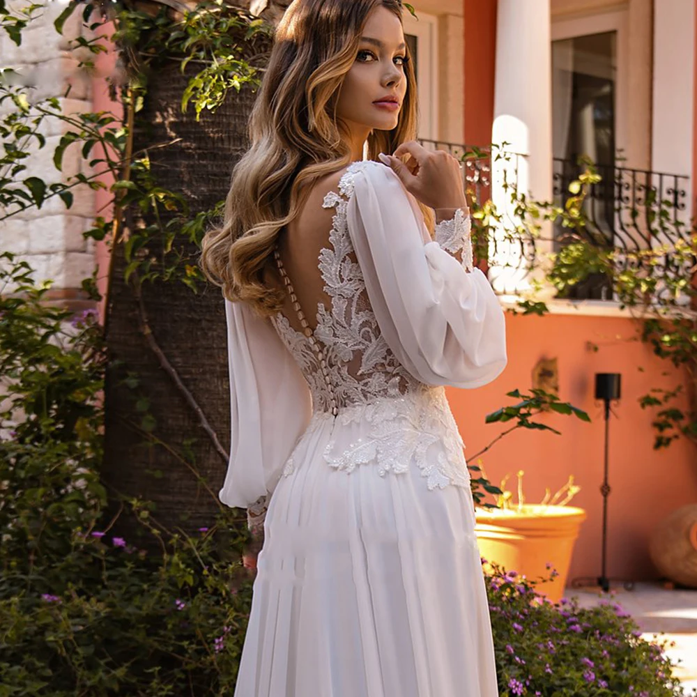 Robe De mariée en mousseline De soie, trapèze, col en v, élégante, avec des Appliques De boutons, manches bouffantes, 2022