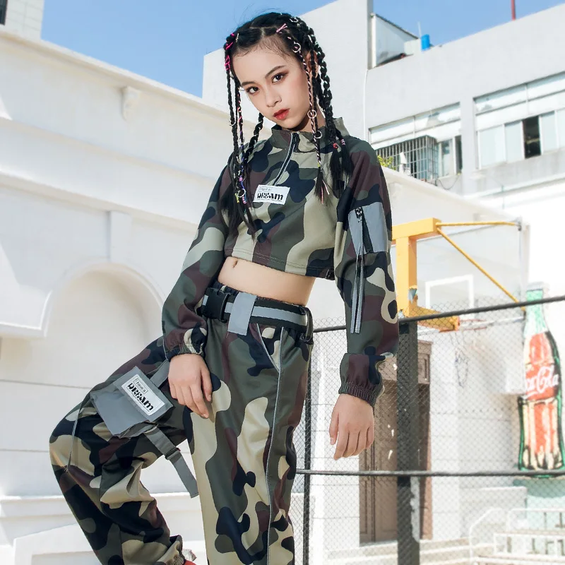 Traje de dança hip hop camuflado infantil, conjunto feminino de manga comprida para outono