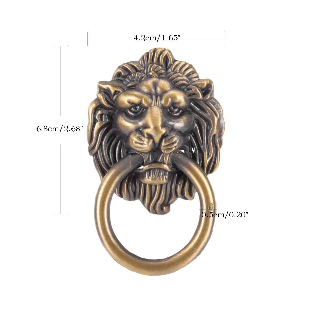 42* 68m Vntage Lion Head Furniture Handle Lion Head Knob With Ring Wardrobe Drawer Door Pull Retro Decoration