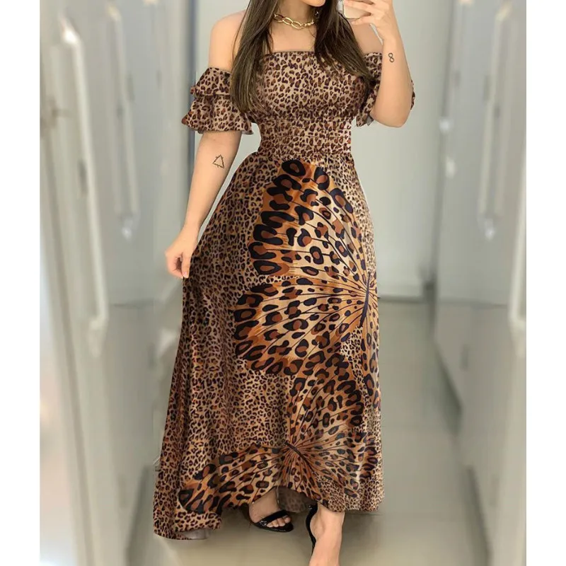 

Women Elegant Off Shoulder Party Dresses Ladies Ruffle Leopard Print Flare Long Sundress Sexy Ladies Strappy Slash neck Dress