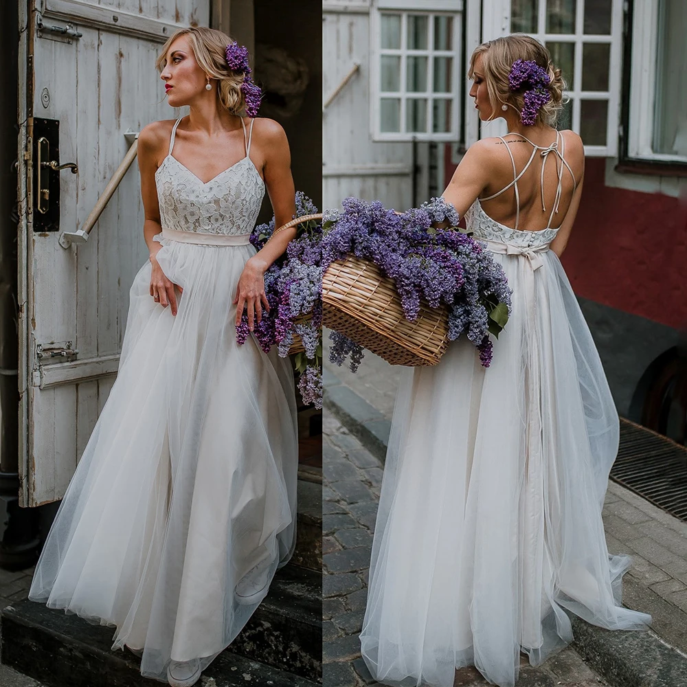 Robe de mariée en Tulle à bretelles spaghetti, en dentelle, sur mesure, grande taille, Sexy, rustique, ceinture croisée, dos nu