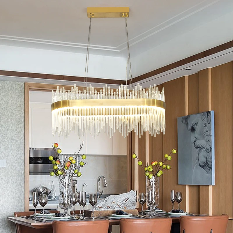 Moderne Runde LED Kristall Kronleuchter Esszimmer Rechteck Design Küche Insel Leuchten Chrome Luxus Cristal Lustre