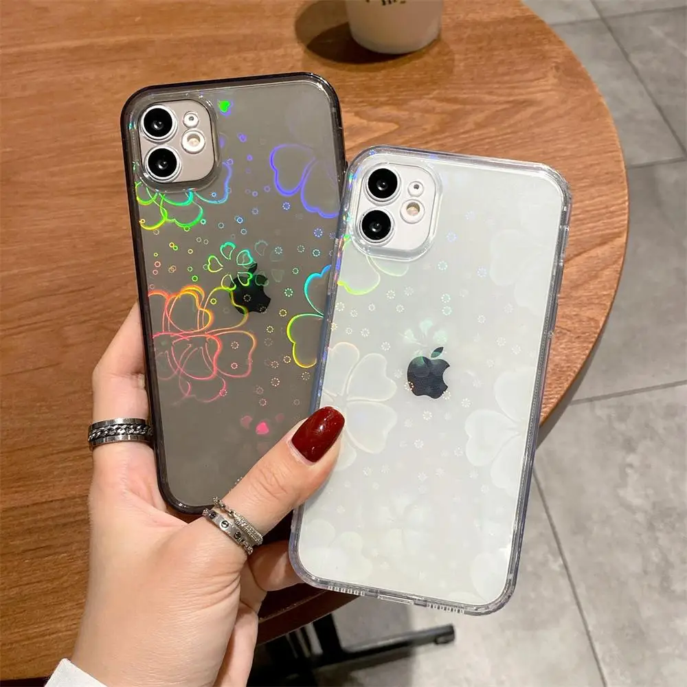 Fashion Gradient Laser Love Heart Leaf Pattern Case For iPhone 15 14 13 11 12 Pro Max X XS XR 7 8 Plus Clear Cover With Hearts