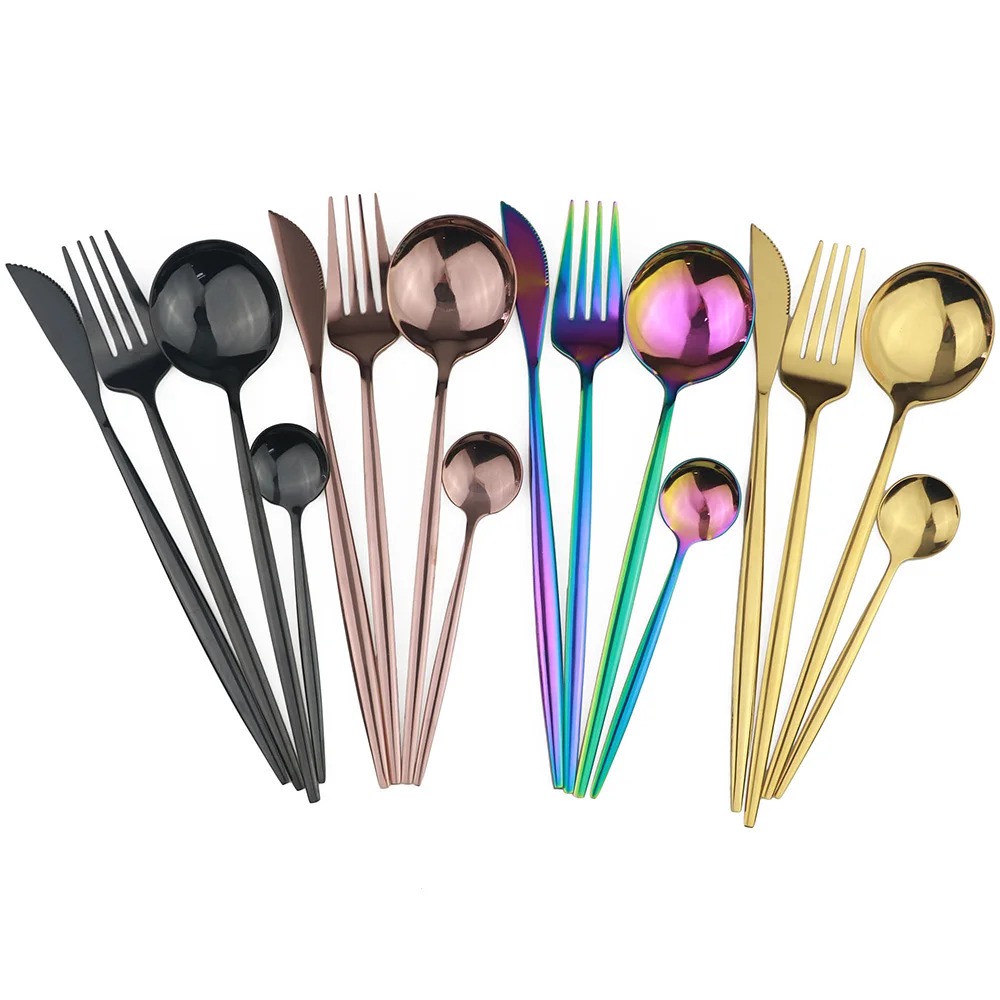 Portable Shiny Black Travel Dinnerware Set Stainless Steel Cutlery Set Knife Fork Spoon With Chopsticks Straws Flatware Set