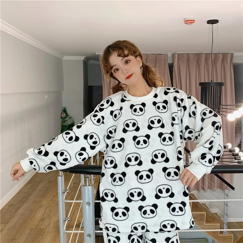 Autumn Winter Women Sweet Pajama Sets Long Sleeve Top and Pants Panda Print Cute Coral Fleece Warm Sleepwear Girly Soft Pyjamas