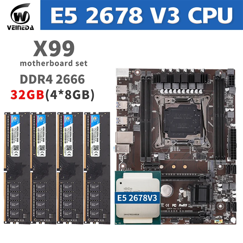 

VEINEDA X99 motherboard set with Xeon E5 2678 V3 LGA2011-3 CPU 4pcs X 16GB =64GB 2666MHz DDR4 memory