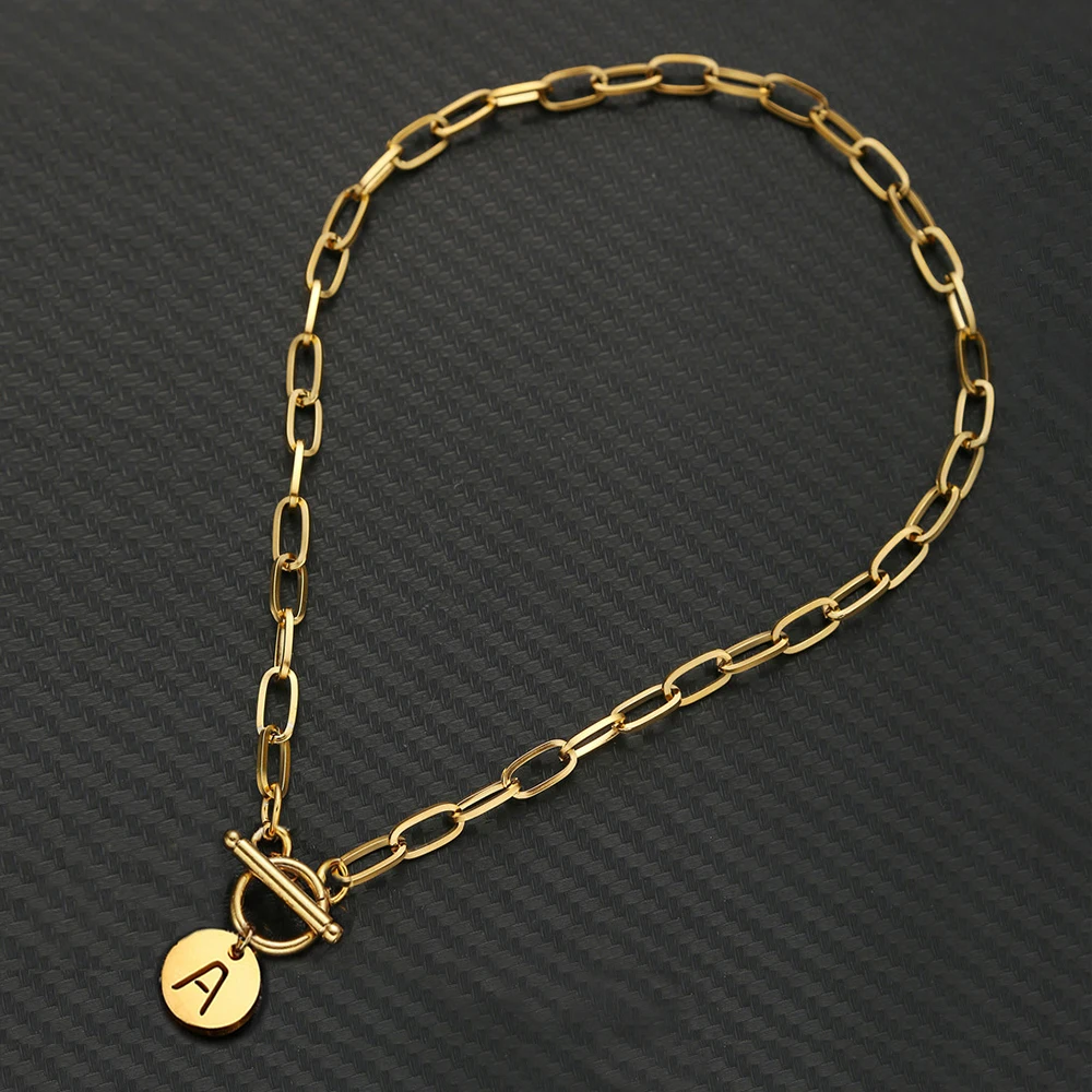 Image 6: Chaîne à maillons en acier inoxydable pour femmes, pendentif personnalisé avec lettre initiale de l'alphabet, ras du cou à bascule, bijoux avec nom