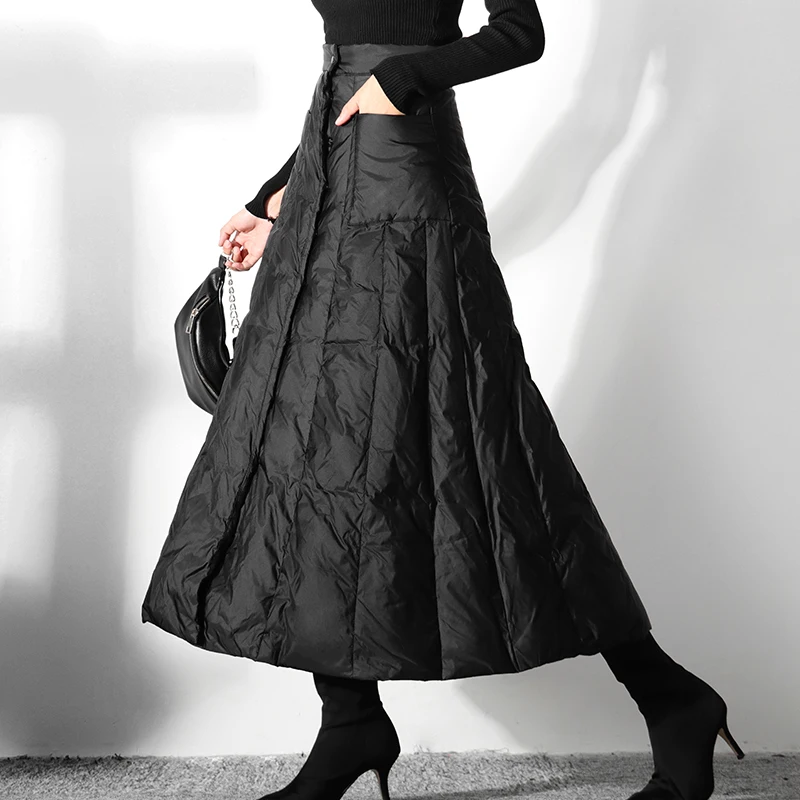 

autumn winter fashion down cotton skirt women high waist thick ankle length a-line skirt