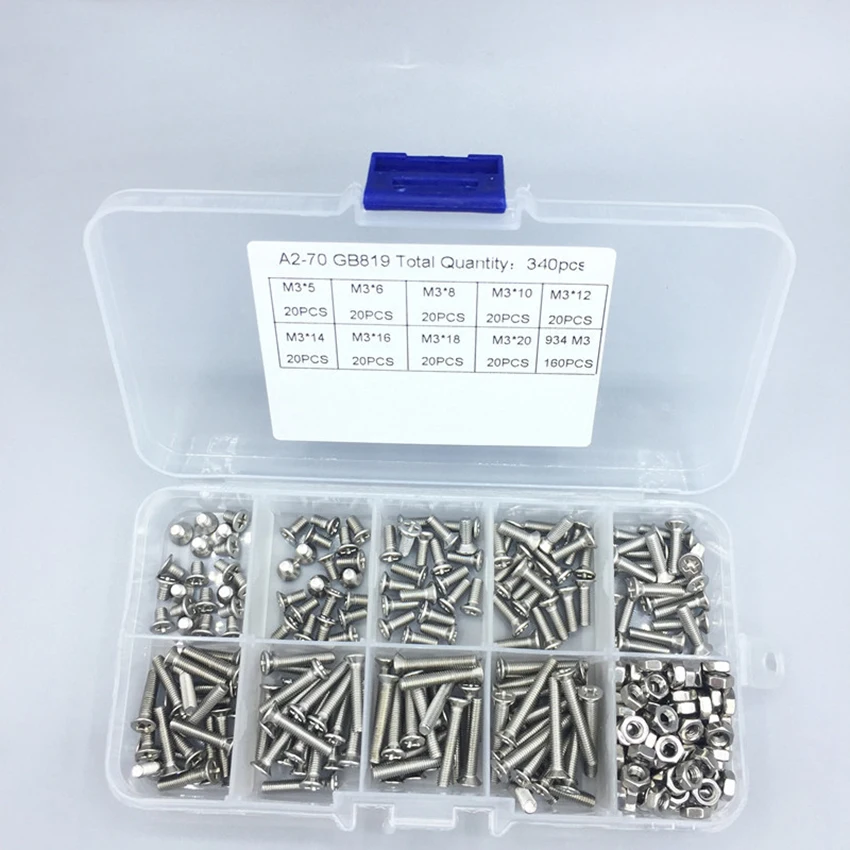340 шт. винты с крестообразной головкой, гайки из нержавеющей стали 304, ассортимент машинных винтов M3 с чехлом для хранения, 9 стандартных размеров